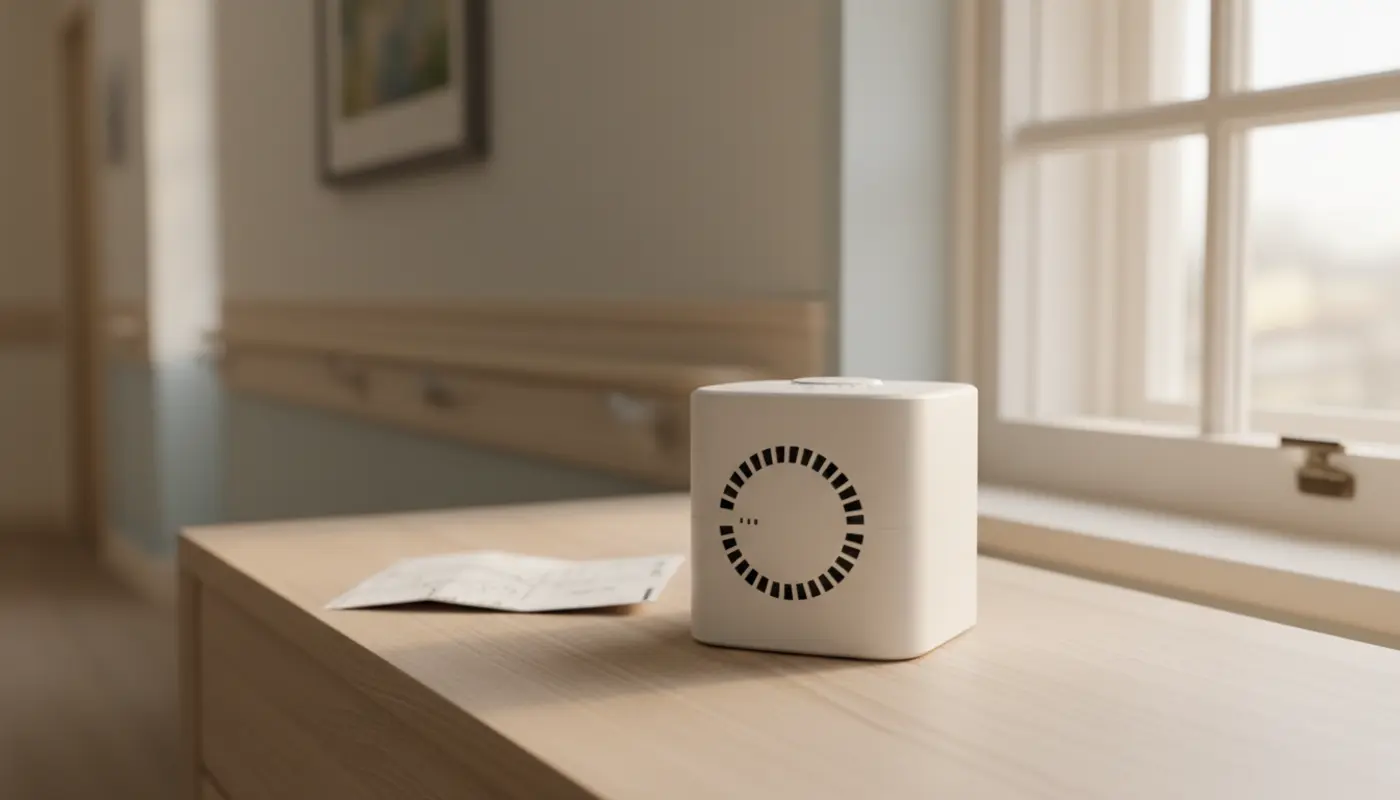Smoke detector in a UK care home corridor with soft daylight, supporting fire alarm safety theme.