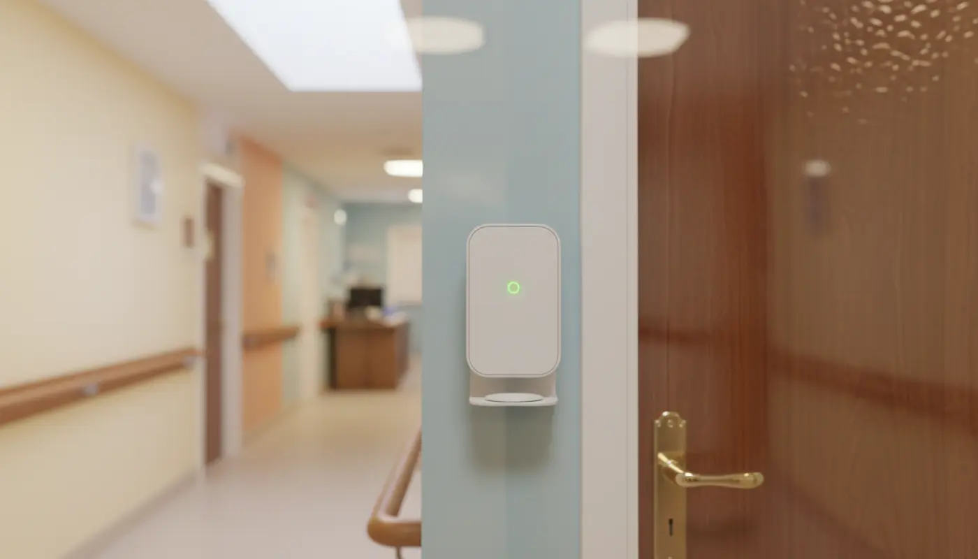 Unbranded access control reader in a UK care‑home corridor with wander detection tag.