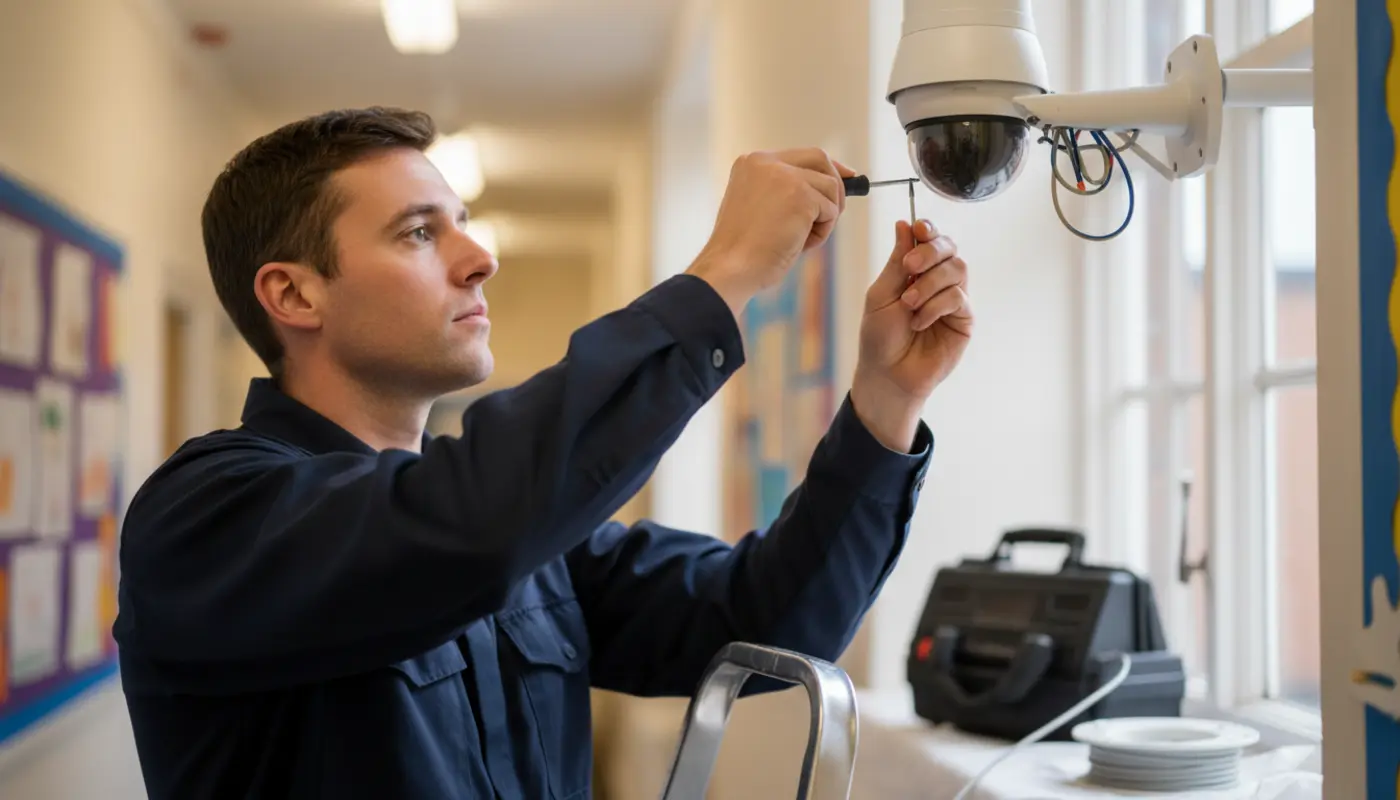 Engineer installing an unbranded dome CCTV camera in a Manchester primary school corridor.