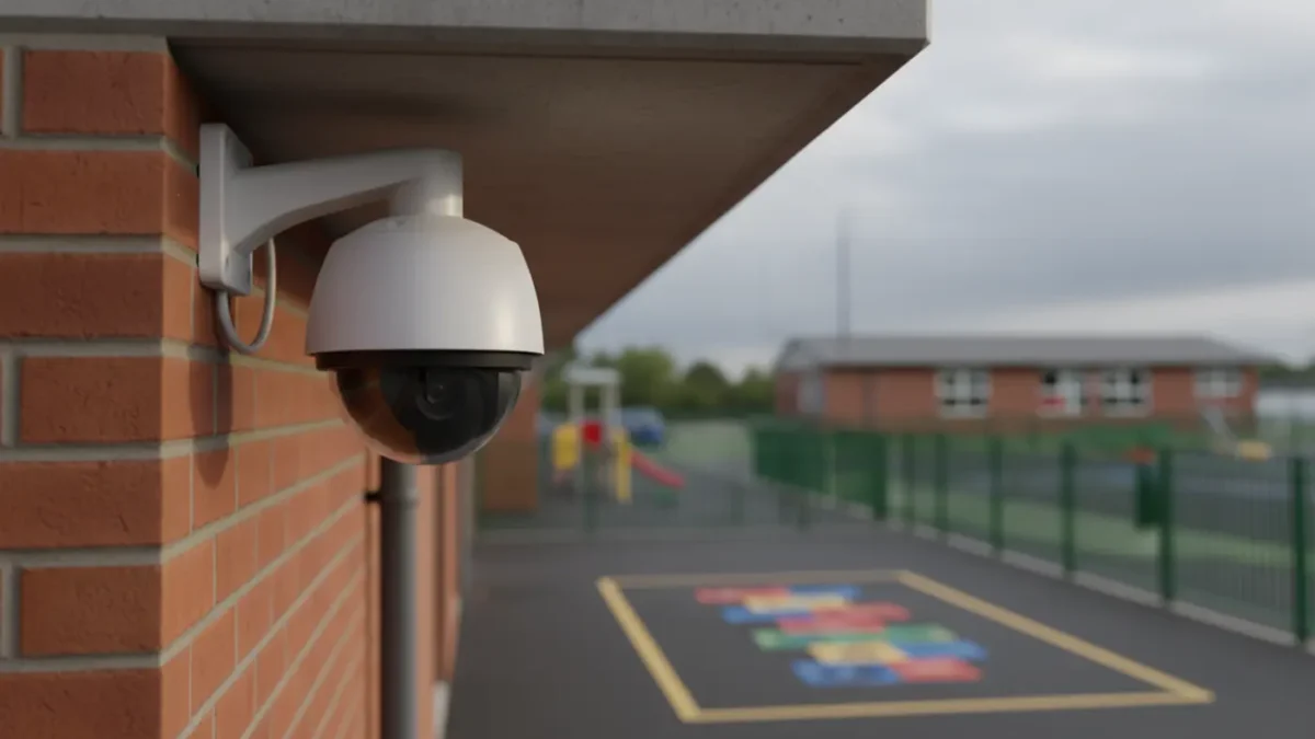 Unbranded CCTV dome camera at a Manchester primary school entrance for safeguarding.