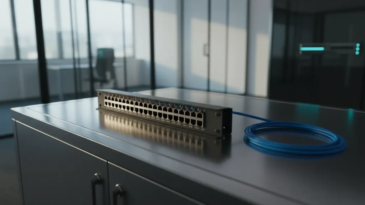 Cat6 patch panel in a Manchester office comms room shown as a structured cabling hero.
