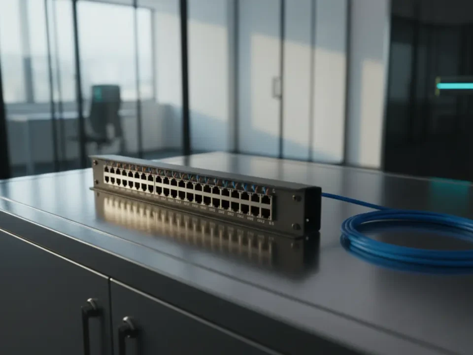 Cat6 patch panel in a Manchester office comms room shown as a structured cabling hero.