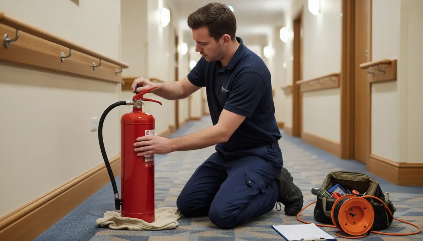 Fire extinguishers installed in a North West care home corridor