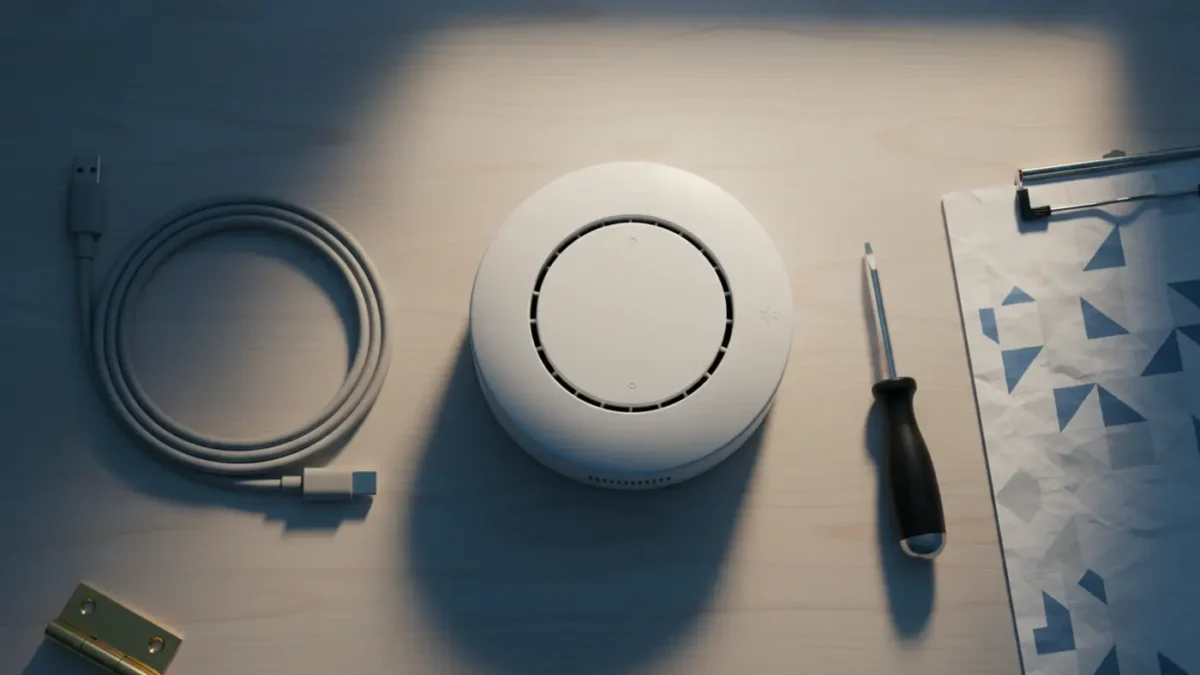 Smoke alarm flat-lay hero shot on a UK office desk for Manchester fire risk assessment blog.