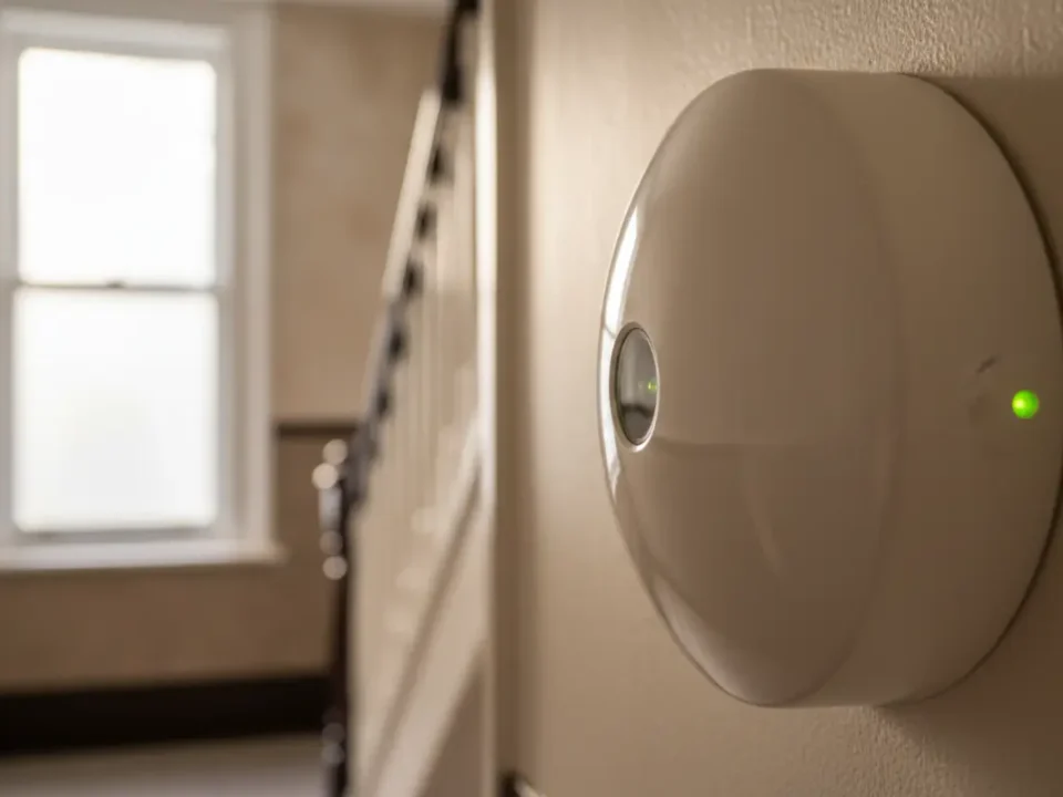 Smoke and heat fire detector in a Manchester terrace hallway, lit softly for HMO fire risk context.
