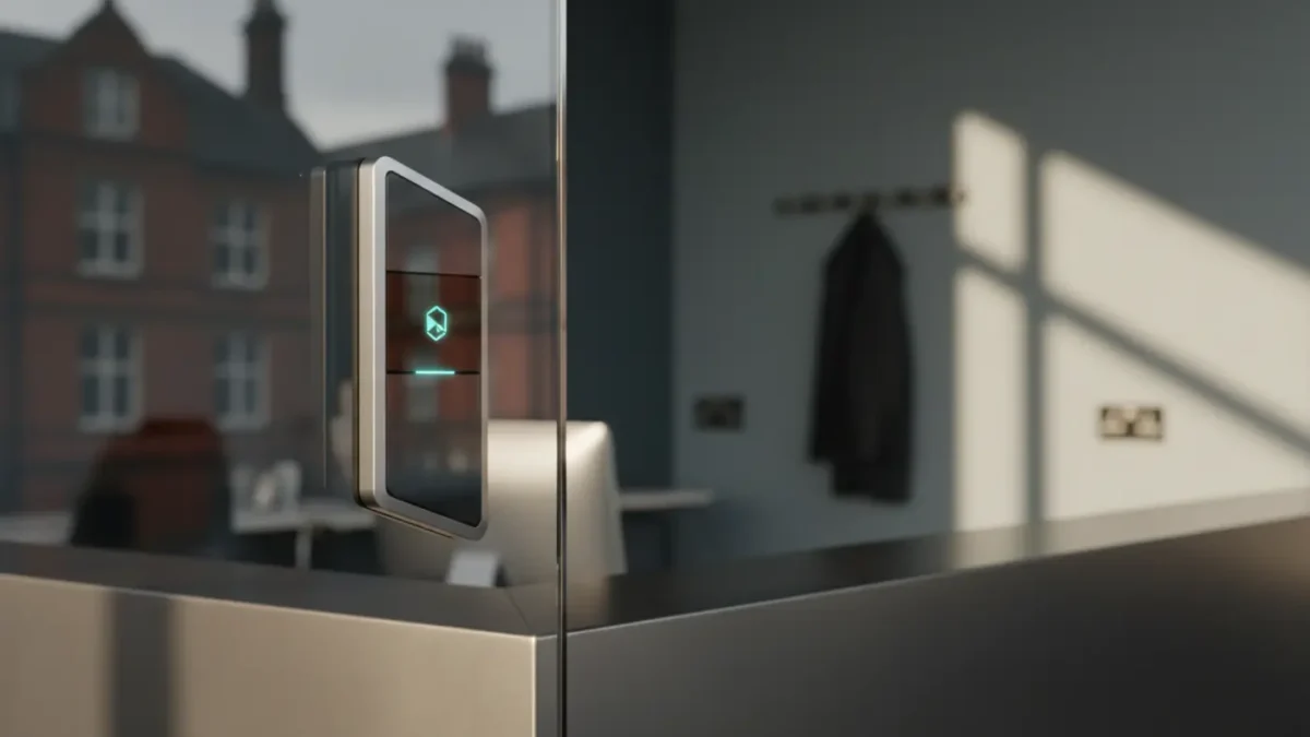 Intruder alarm keypad in a Manchester office with soft morning light, highlighting insurance-approved security.