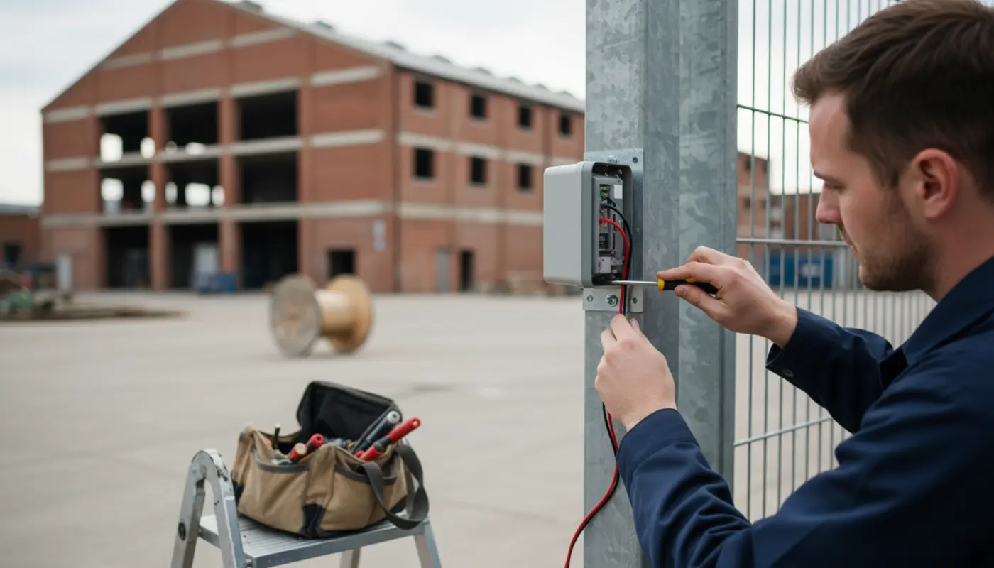 Engineer installing an infrared perimeter beam sensor on a steel post at a Manchester industrial yard.
