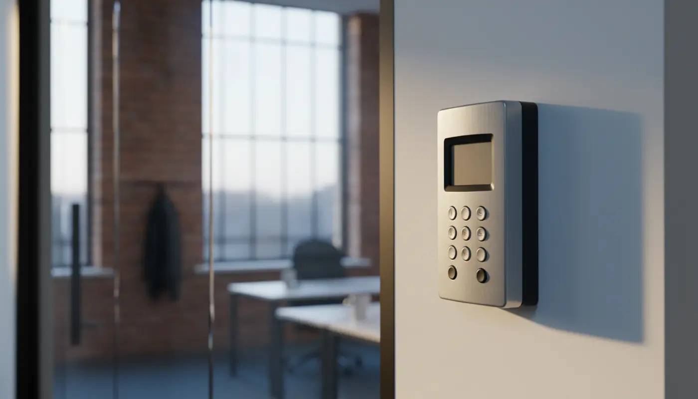Intruder alarm keypad in a Manchester red-brick office, shown in a cinematic SSAIB maintenance context.