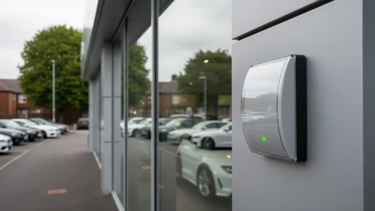 Grade 3 alarm bell box on Manchester car showroom façade with vehicles reflected in glass.