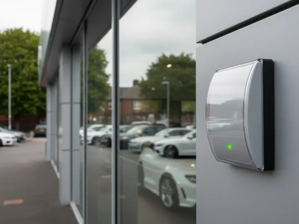 Grade 3 alarm bell box on Manchester car showroom façade with vehicles reflected in glass.